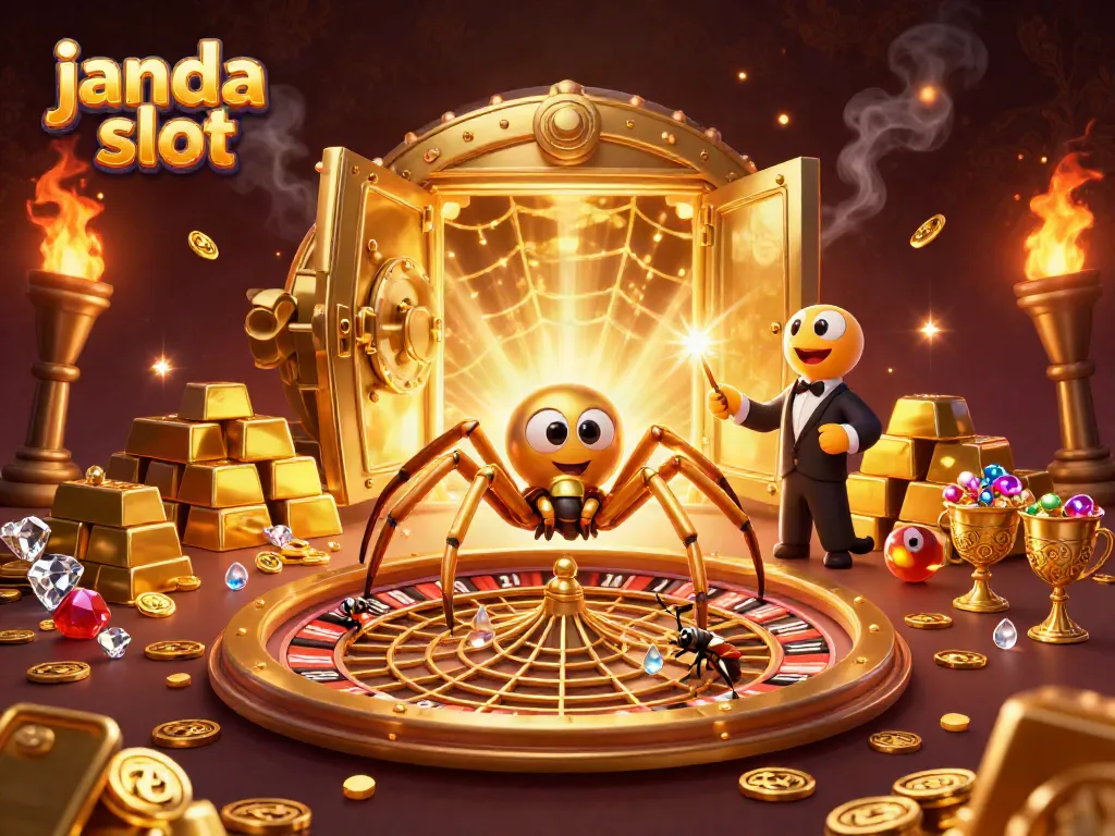Gambarlah janda slot dengan laba-laba emas berputar di roda roulette, menciptakan suasana kasino.