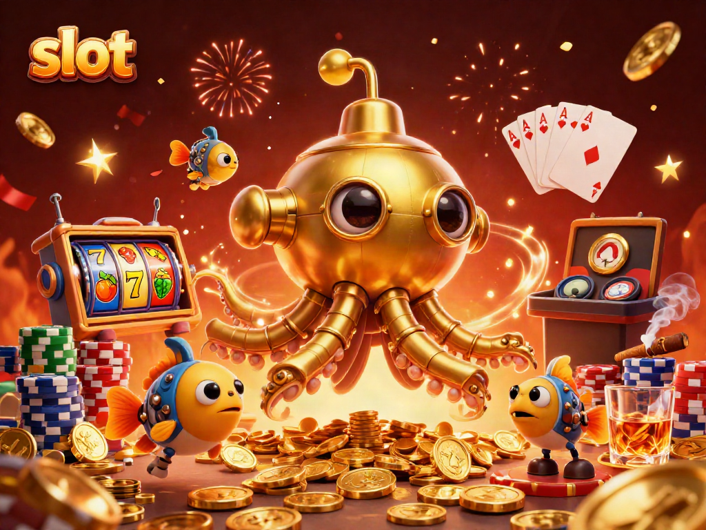 Immerse in a vibrant slot adventure with a kraken submarine surrounded by golden coins and jackpots.