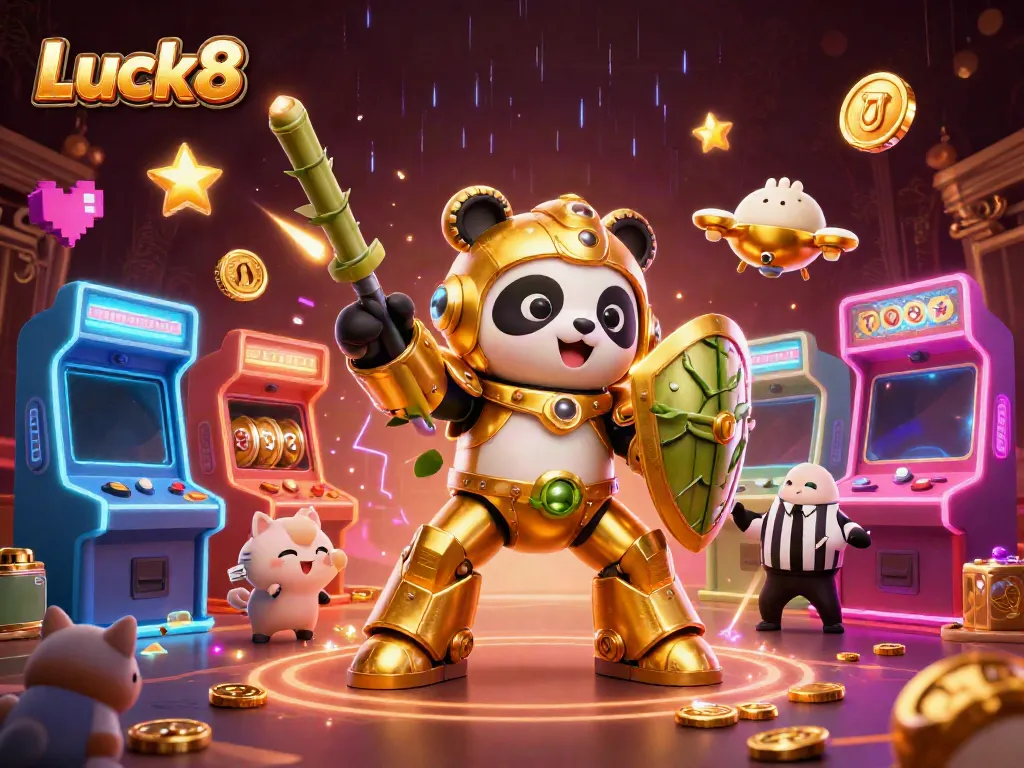 Experience thrilling gameplay at Luck8 with an exciting 3D illustration of a mech-suit panda amid vibrant casino elements.