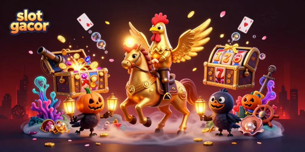 Experience thrilling slot gacor gameplay with golden rooster and companions in an enchanting casino scene.