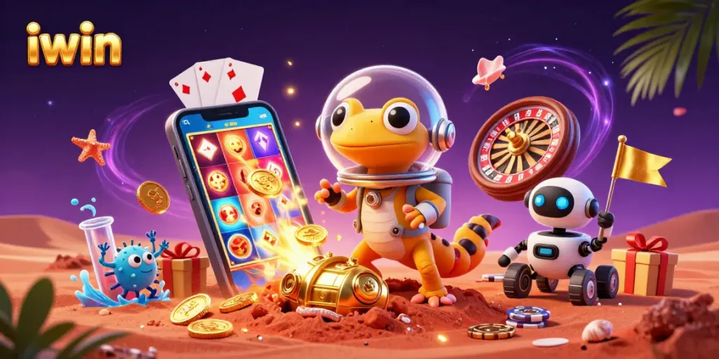 Engage with iwin's vibrant casino adventure featuring a Martian gecko in a golden casino.