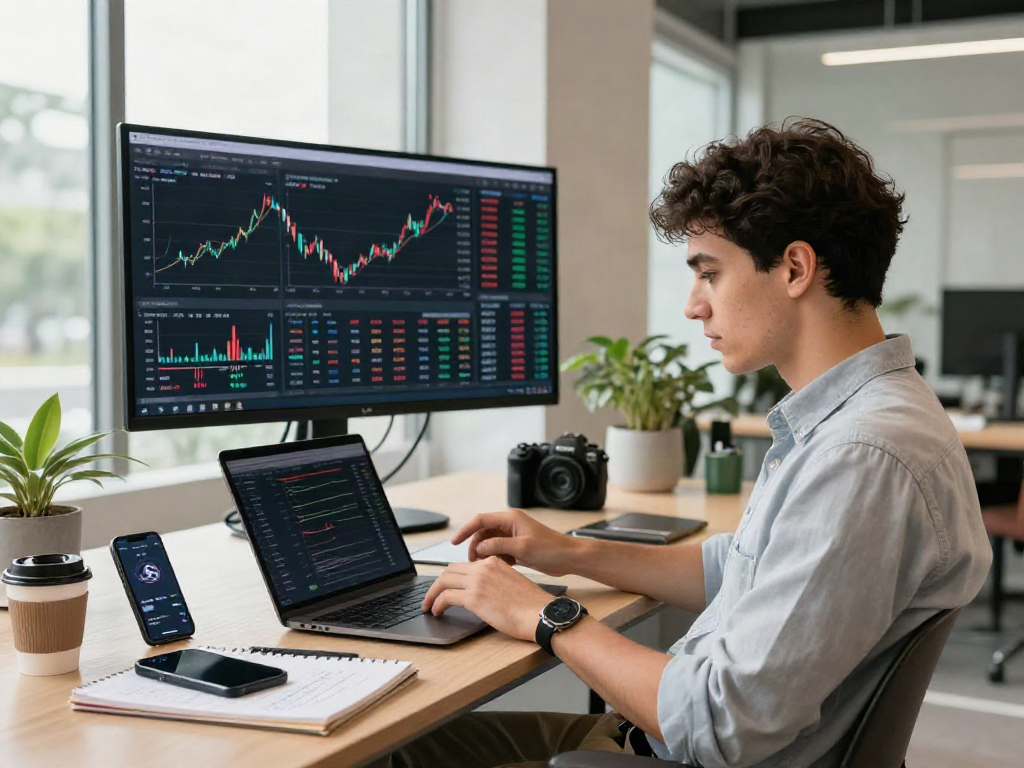 Comprando bitcoin en un entorno profesional moderno, analizando gráficos y estrategias de inversión.