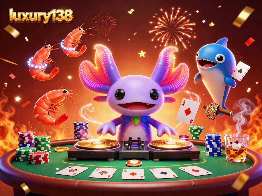 Permainan seru di luxury138 dengan DJ axolotl warna neon dan udang penari yang menggembirakan.