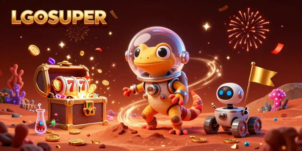 LGOSUPER's Martian gecko exploring a golden casino amidst colorful slot elements and alien celebration.
