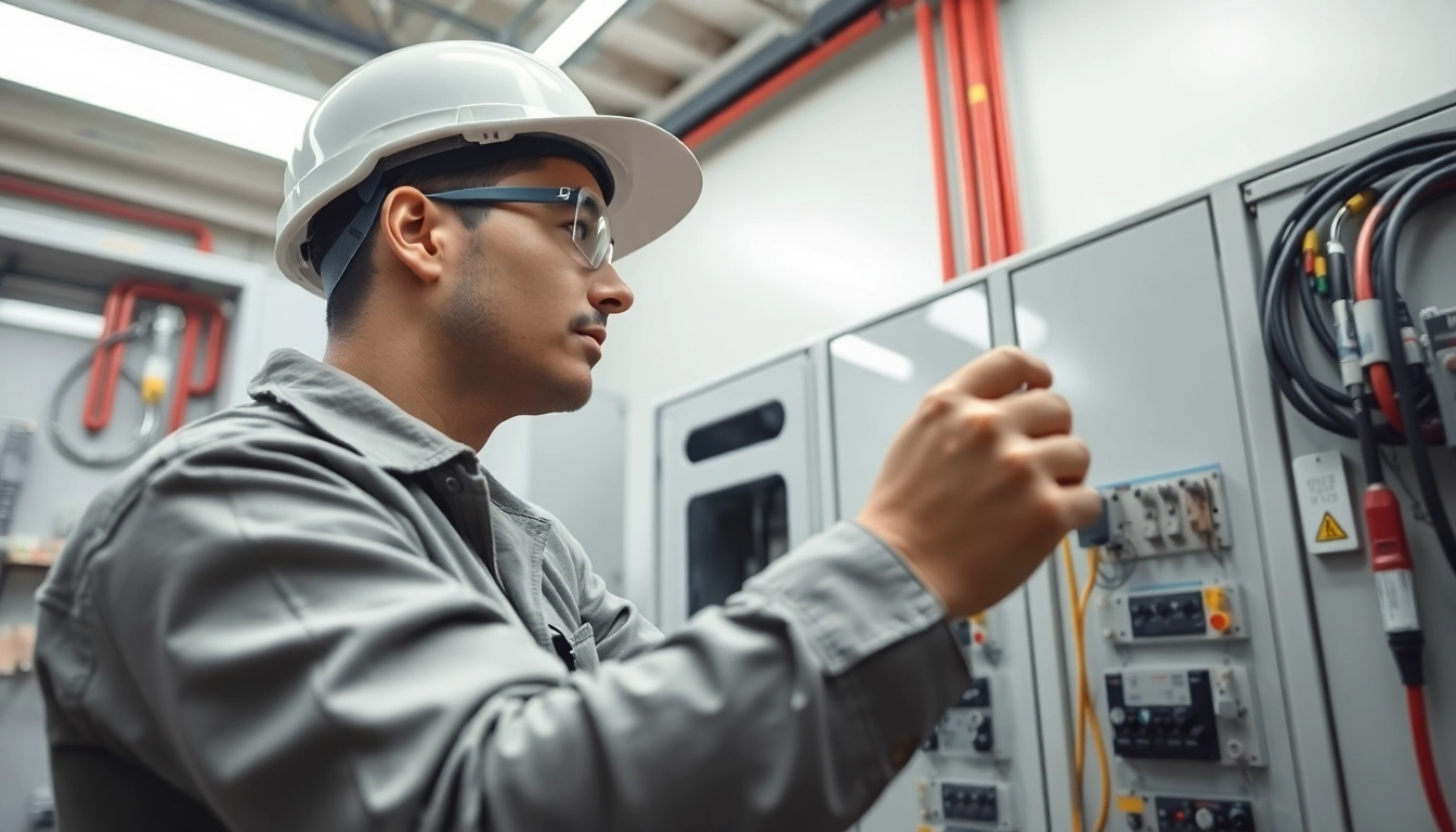Performing edmonton electrical maintenance with a focused electrician inspecting electrical panels.