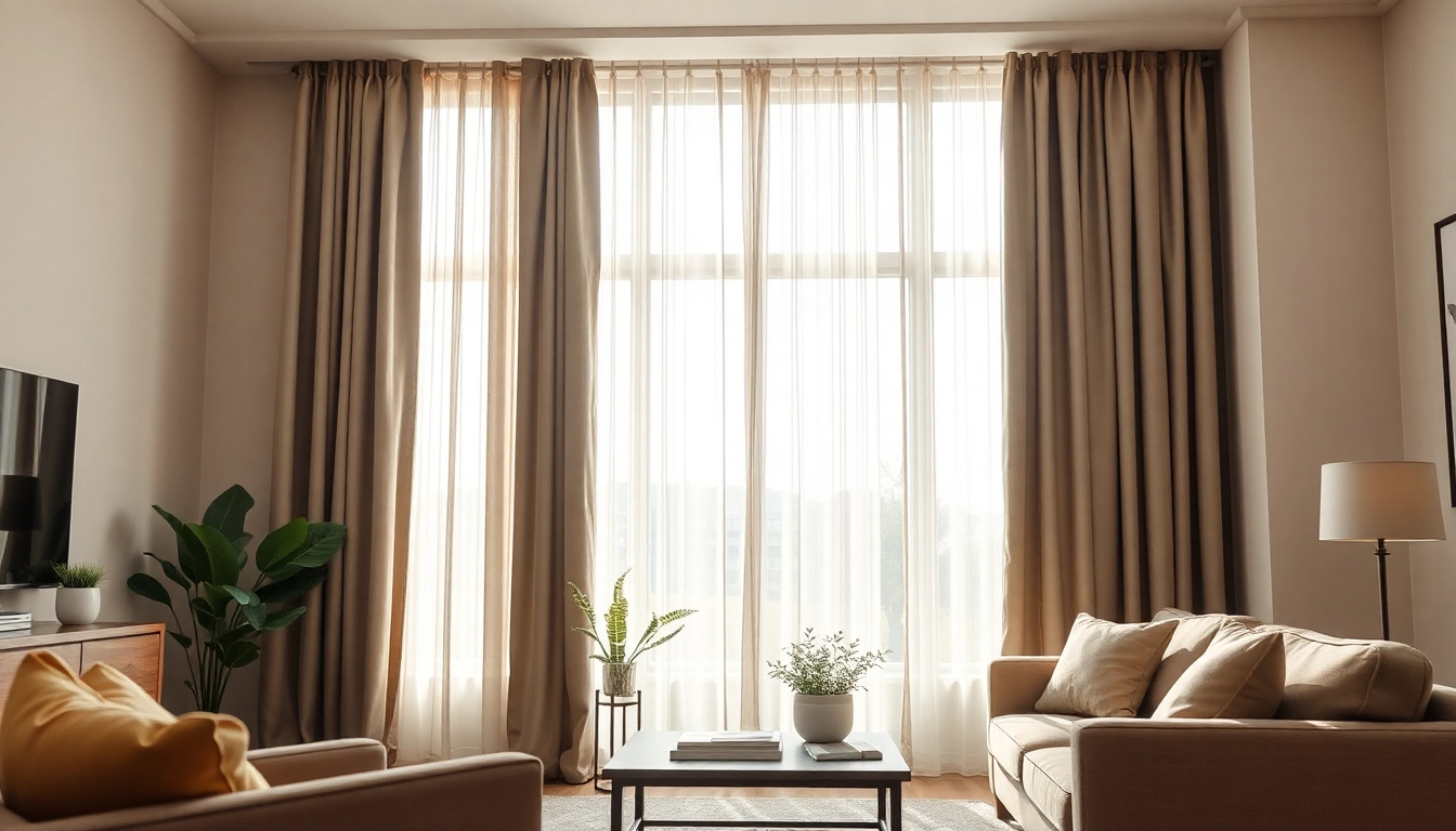 Verduisterende gordijnen transformeren de woonkamer met luxe en privacy.