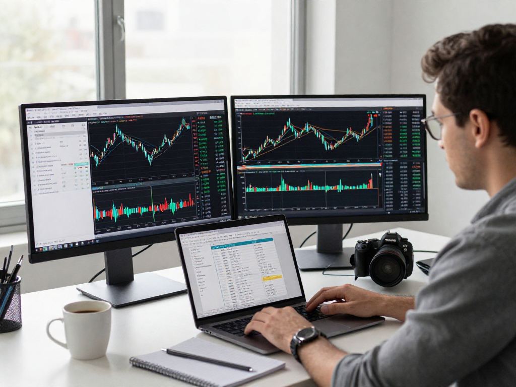 使用TradingView进行交易分析的交易员在现代办公室中专注于多屏展示的股票和加密货币图表，环境清晰明亮，传达出高效的交易气氛。