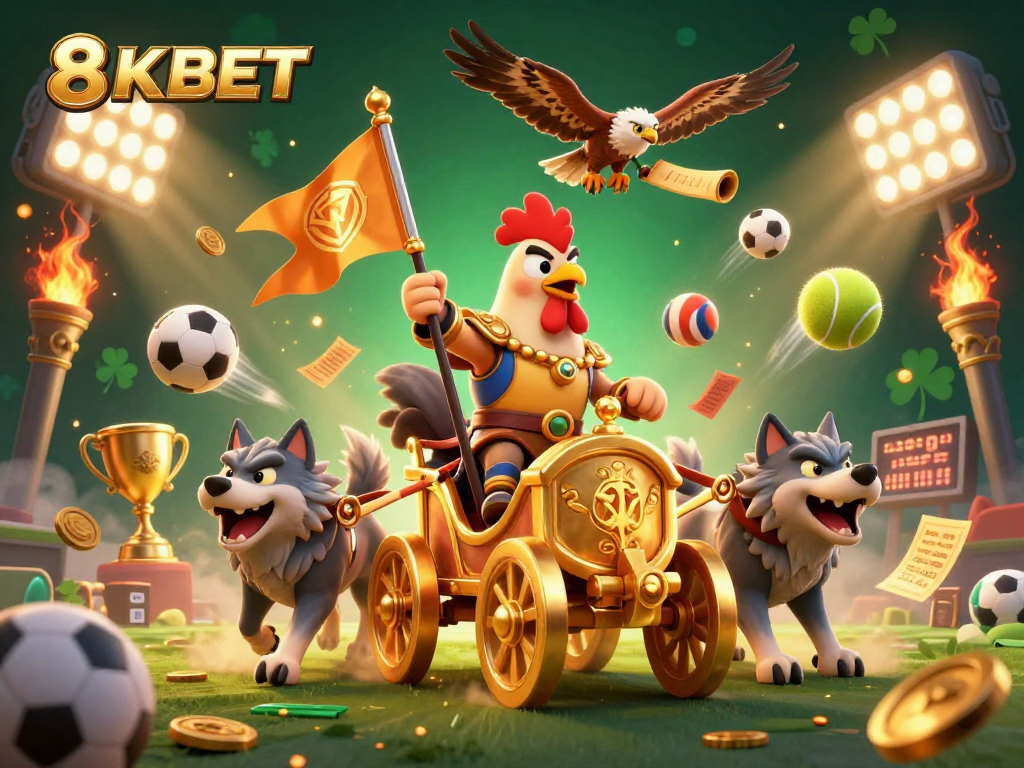 Experience thrilling plays at 8KBET with a vibrant, dynamic casino scene featuring a rooster warlord.