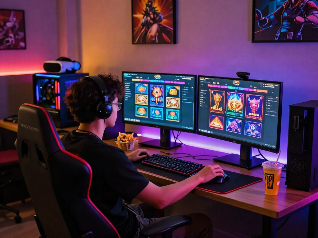 View of a gamer in a modern lounge late at night playing a colorful slot gacor malam ini game on dual monitors.