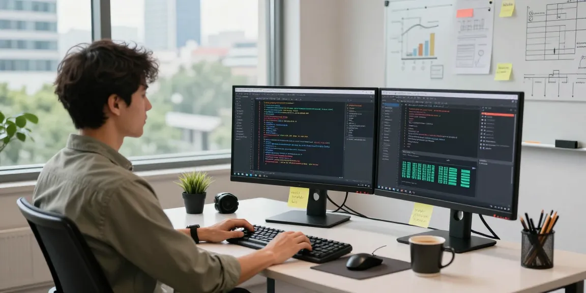 Seorang pengembang perangkat lunak menggunakan hypervisor untuk mengelola mesin virtual di ruang kerja modern dengan beberapa monitor.