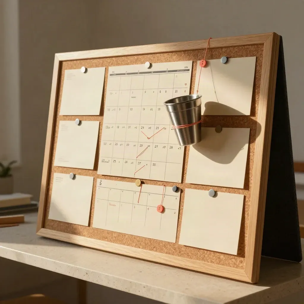 Community planning board with string lines, tokens, and a reusable cup on cork.
