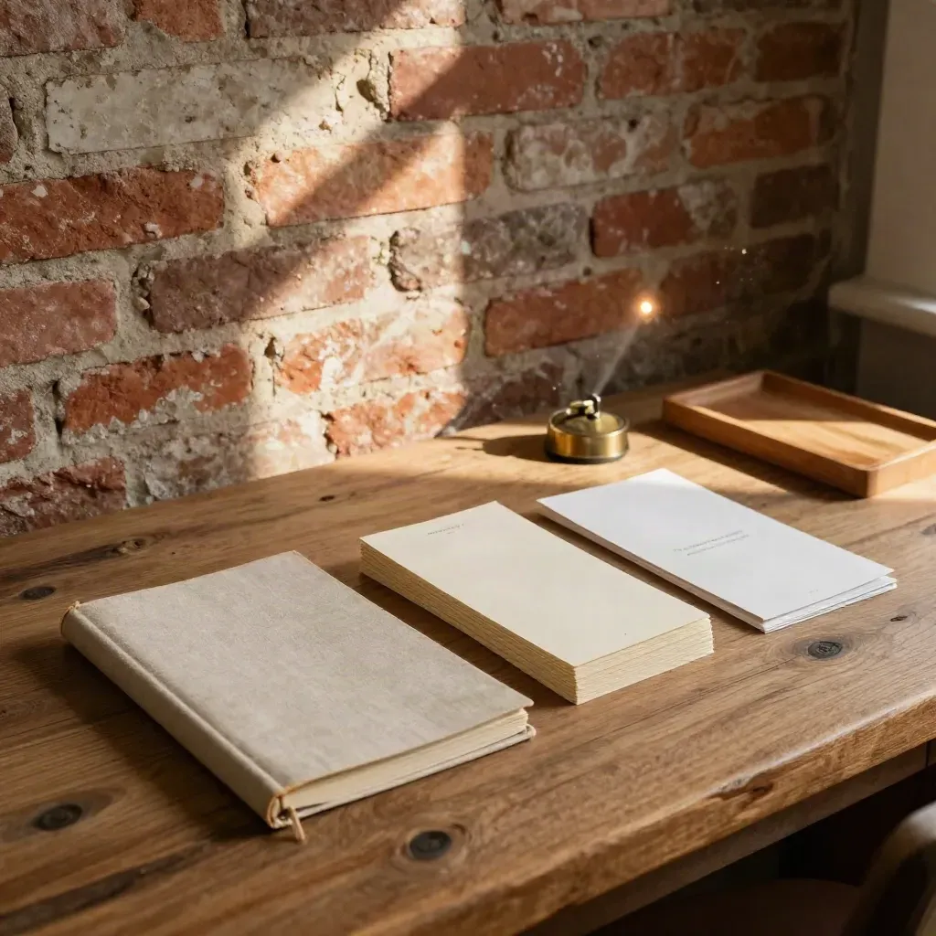 Brick studio still life with brand message kit, closed notebook, story cards, and paper swatches.