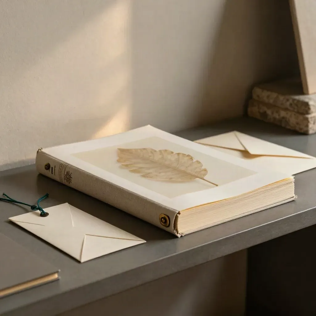 Impact report, pressed leaf sample and sealed envelope on a gallery shelf in soft haze.