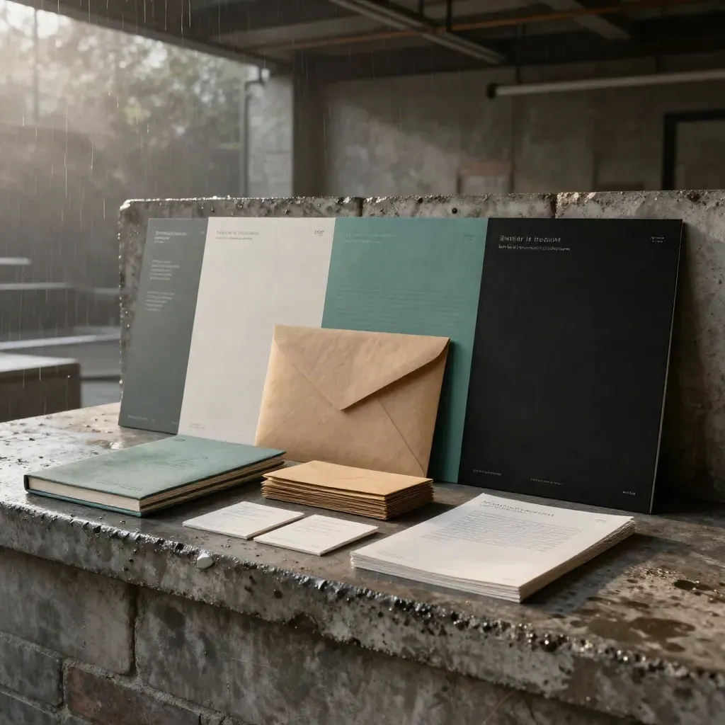Campaign strategy materials on a concrete plinth in a rain-damp atelier, lit by warm rim light.