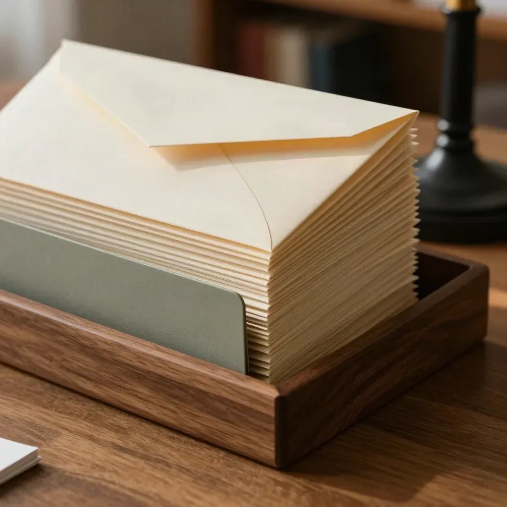 Macro of sealed envelopes, folder tray and black ceramic lamp base in a warm office corner.