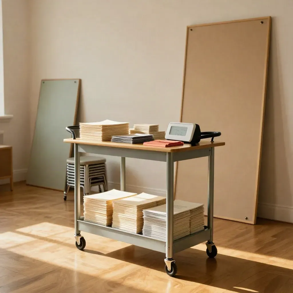 Town-hall workshop room with stacked stools, blank pin boards, timer, and materials cart in golden light.
