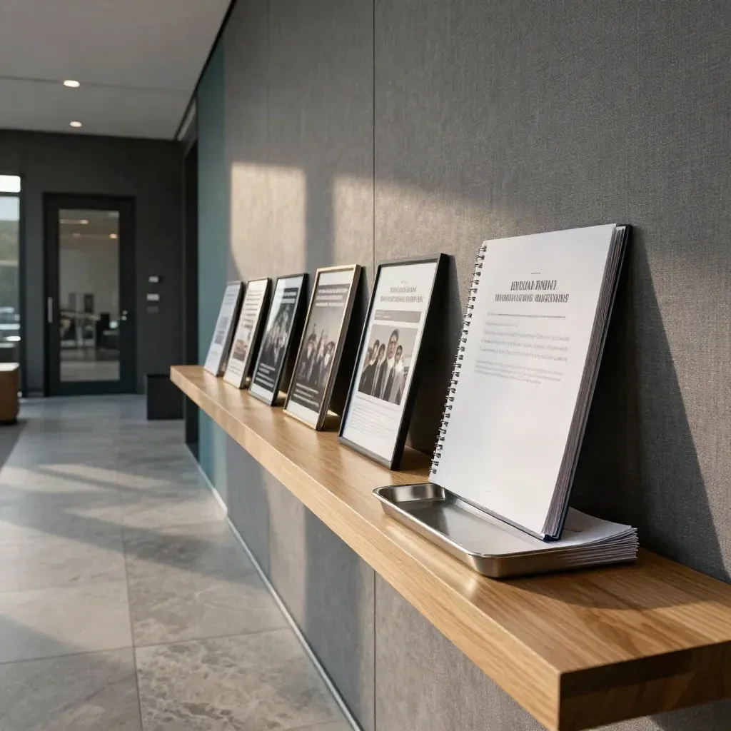 Dim charity foyer with binder, donation tray, and framed materials in cinematic light.