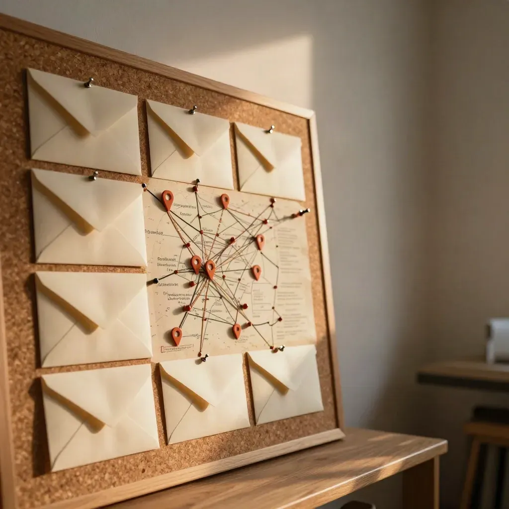 Cork map with sealed envelopes, cord routes and location tokens in warm afternoon light.