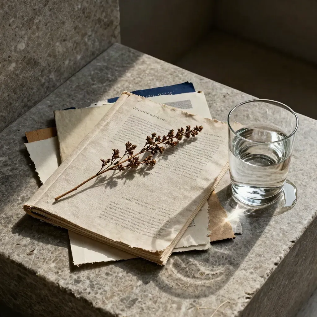 Recycled paper samples, linen report, dried sprigs, and water on stone in dramatic light.