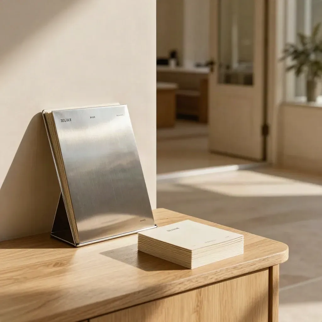 Sunlit startup lobby with brochure rack, face-down cards, and open doorway.