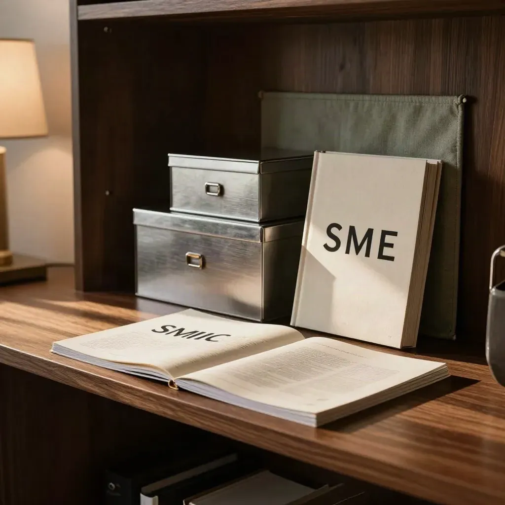 Reporting bundle on a dark wood shelf in a warm consulting studio, sunlit and ready on time.