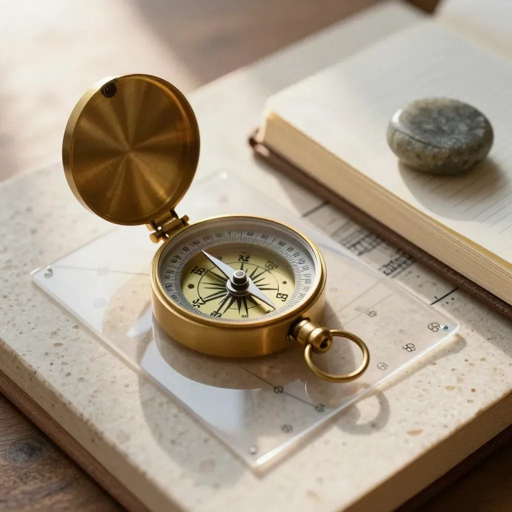 Brass compass, acetate sheets, closed notebook and stone paperweight on travertine.