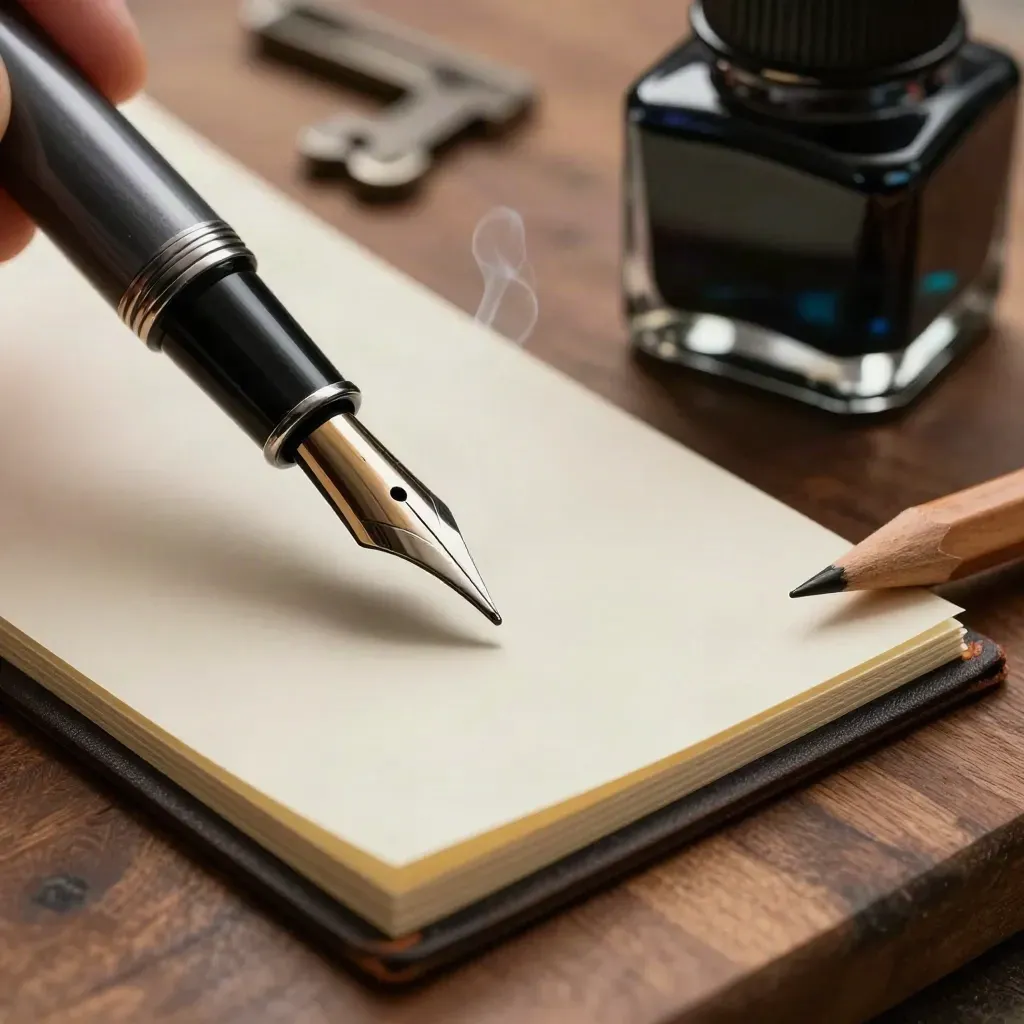 Macro of copy tools on a walnut proofing board with ink, nib, pencil and proof cards.