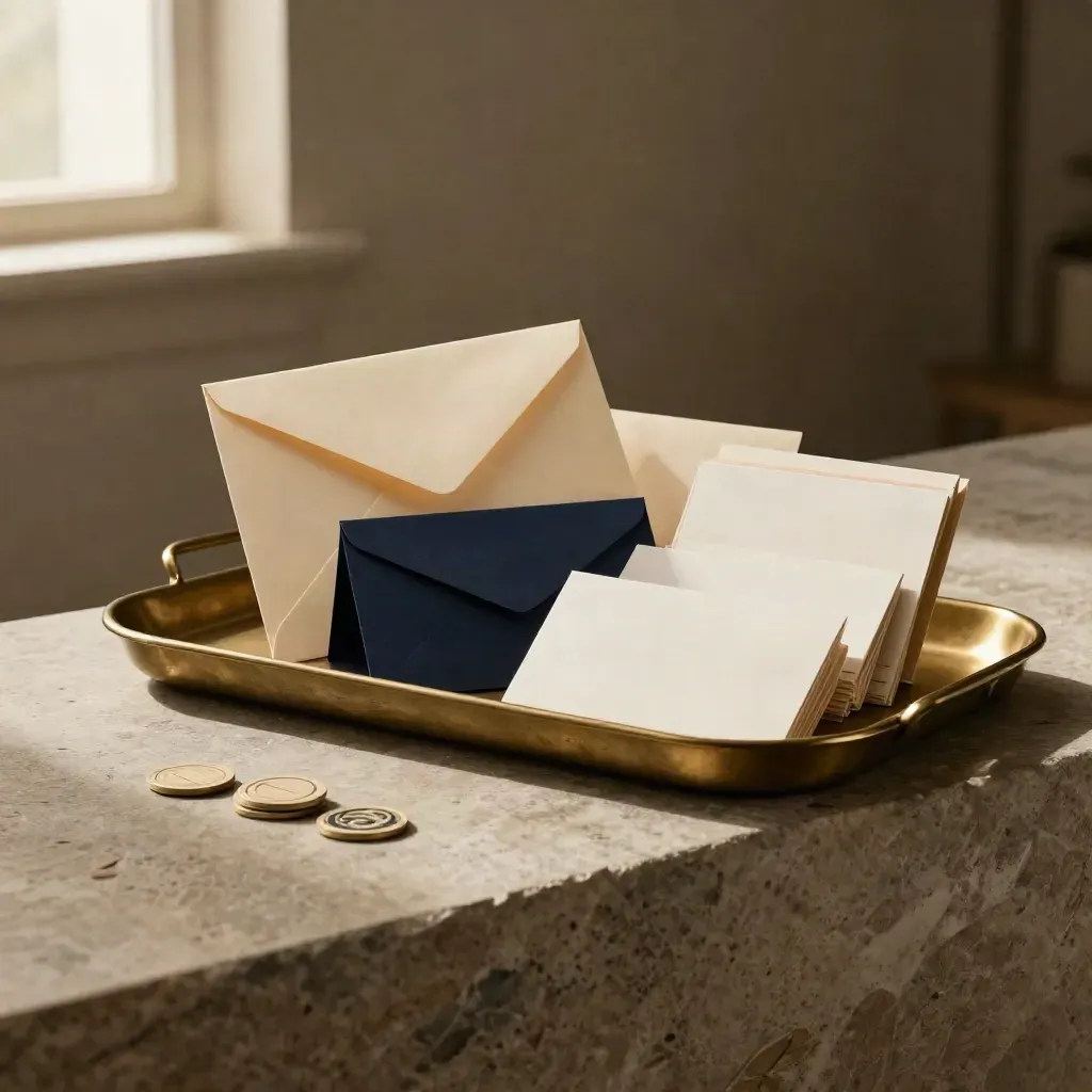 Opened outreach envelopes, face-down contact cards, and reply tokens on stone with a navy accent