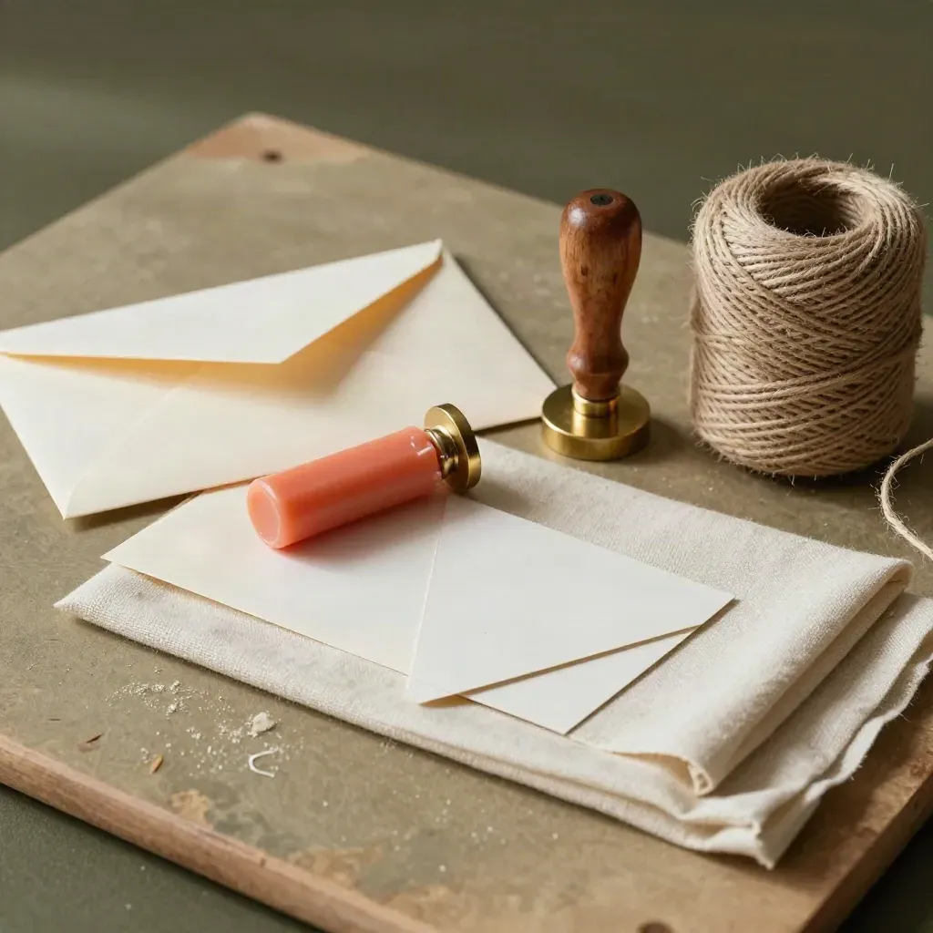 Sealed envelopes, wax seal kit, twine and contact cards on a worn board