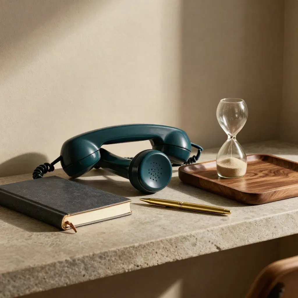 Top-down still life of a phone handset, notebook, sand timer and brass pen on a walnut tray.