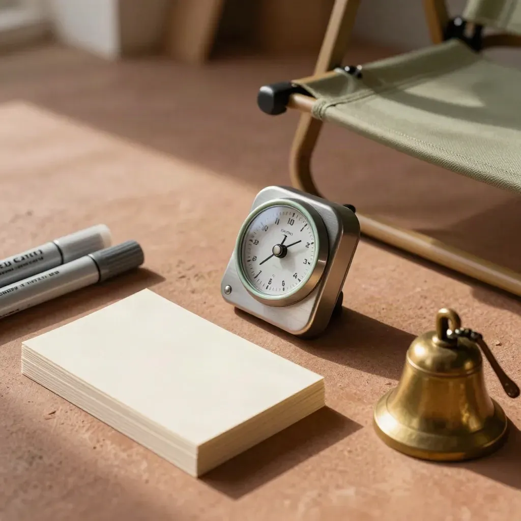 Workshop kit on a clay floor: timer, blank cards, bell, marker caps and a folding seat edge.