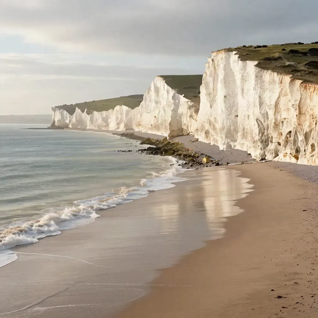 Golden-hour chalk cliffs over a pale calm shoreline, with open beach and sea haze below.
