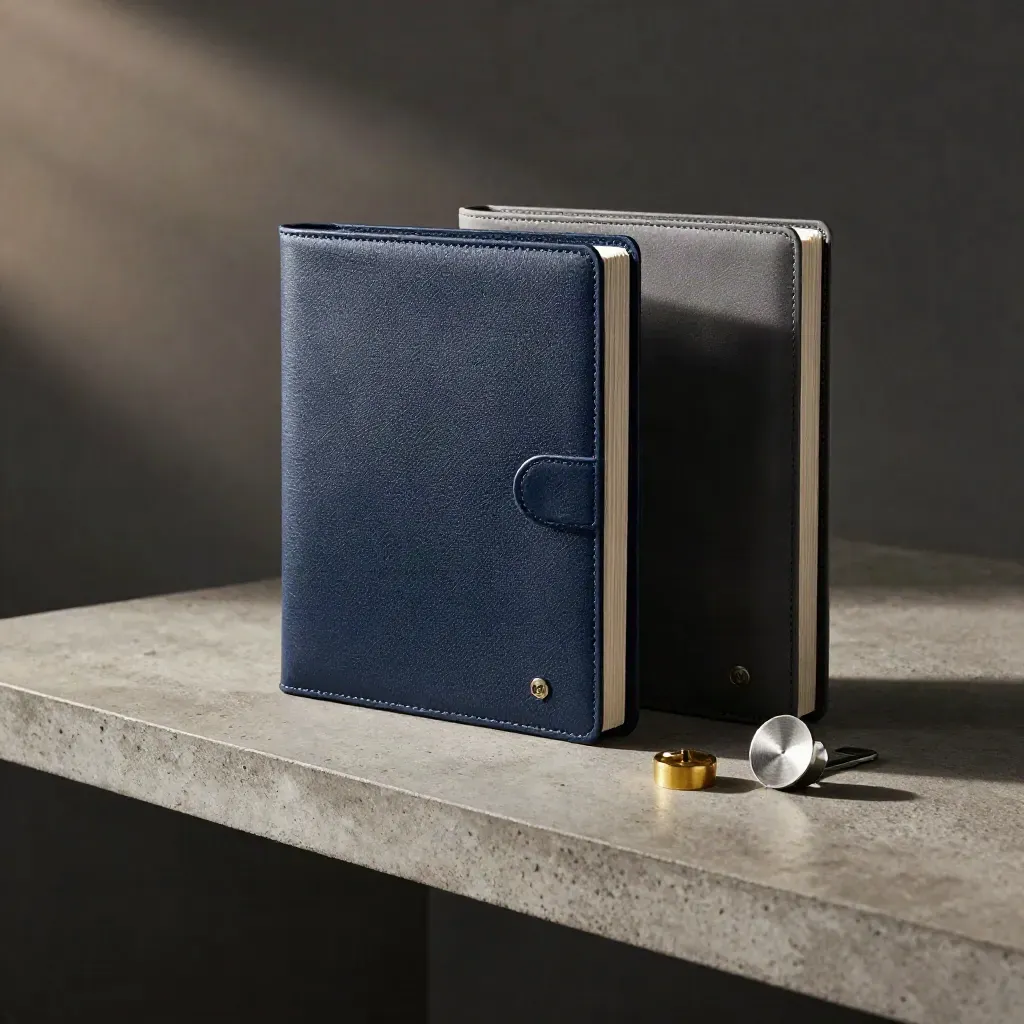 Closed navy folders, brass seal stamp and approval token on a concrete shelf in soft light.