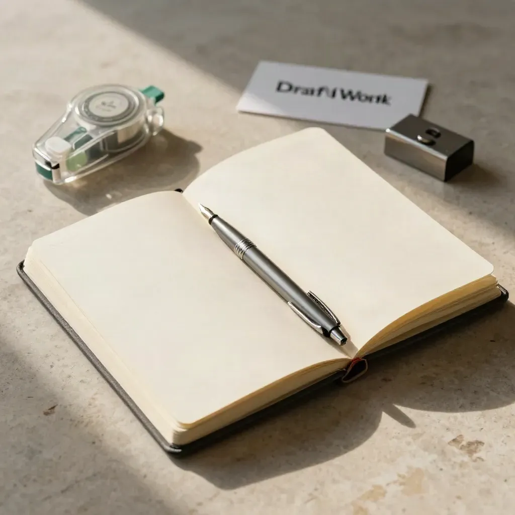 Open notebook with pen, correction tape and page weights on stone in soft side light.