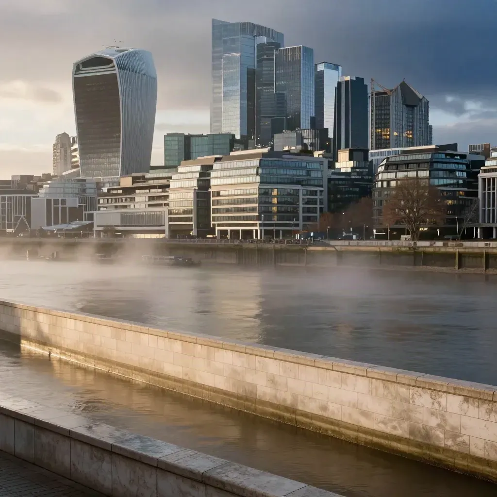 Thames bend with South Bank towers in dusk haze, calm river below