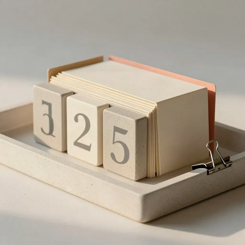 Overhead of a folder stack, date blocks and cards in a shallow tray on soft plaster.