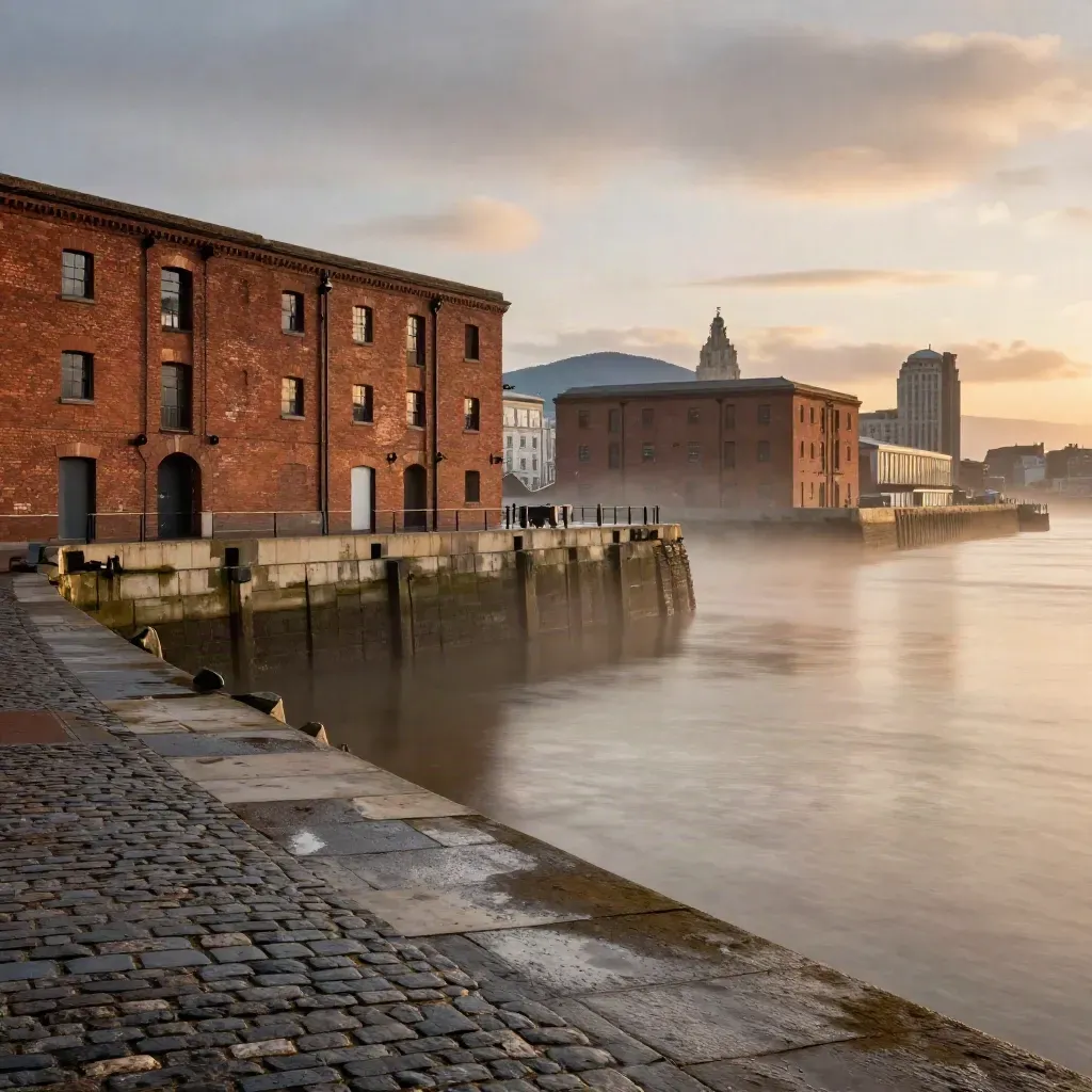 Mersey waterfront skyline over wet sandstone quay in warm haze