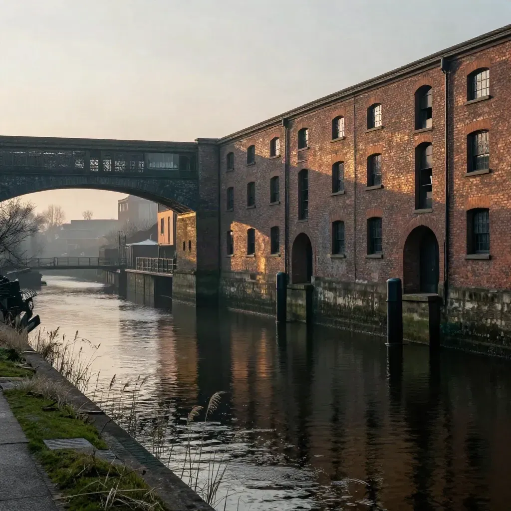 Misty Birmingham canal warehouses and brick viaducts over still water at sunset