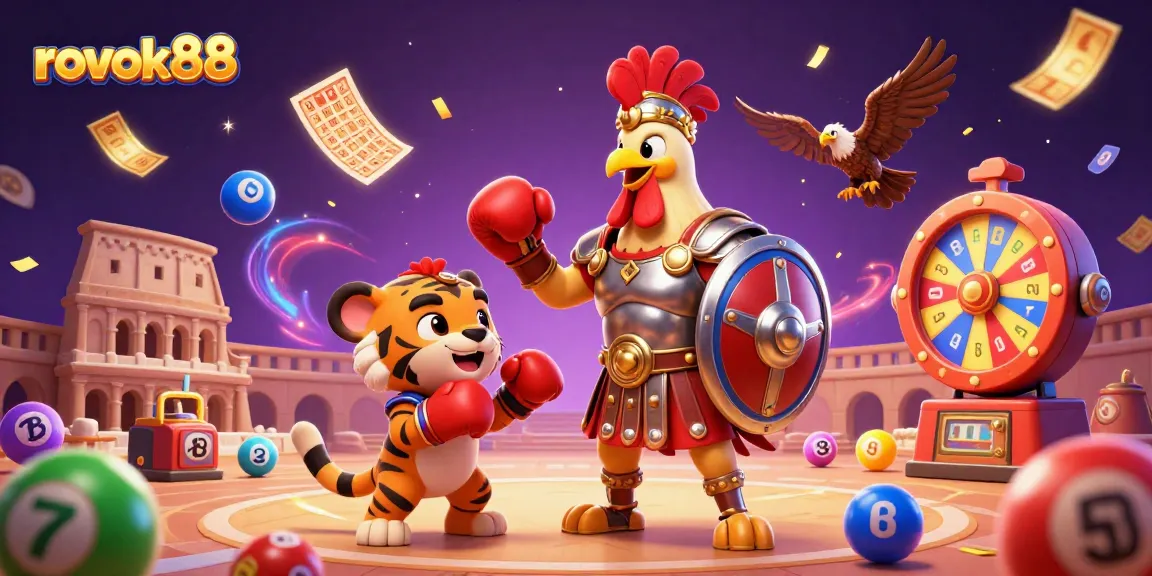 Engage in thrilling play at rokok88, featuring a gladiator rooster amid dynamic lottery action.