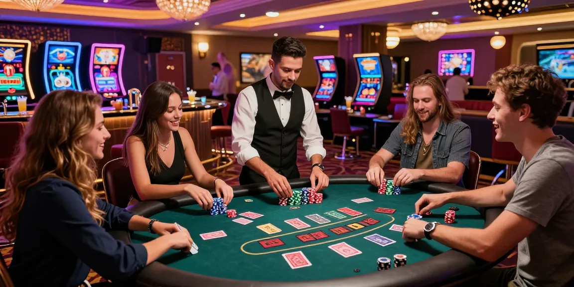 Exciting gaming room in a vibrant casino that accepts credit cards, featuring friends enjoying table games amid dazzling lights and colorful decorations.