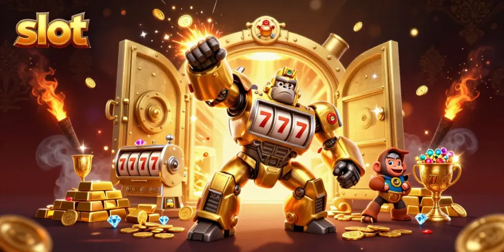 Experience thrilling slot gaming with a dynamic gorilla mech, coins and treasures exploding around it