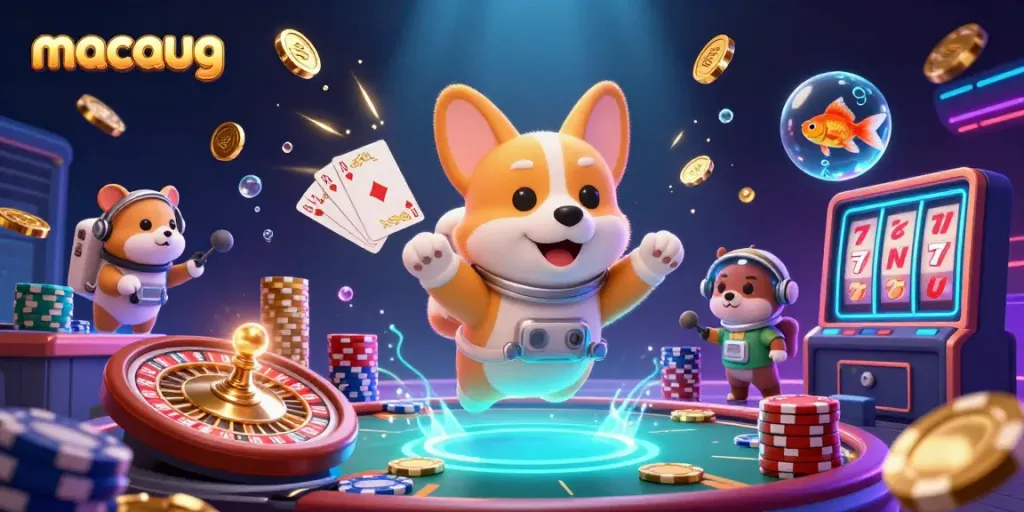 Experience macaugg's exciting gameplay with a floating casino scene of vibrant characters and golden treasures.