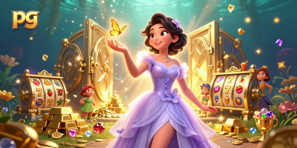 Experience thrilling pg slot adventures with a stunning Asian woman amidst golden gaming treasures.