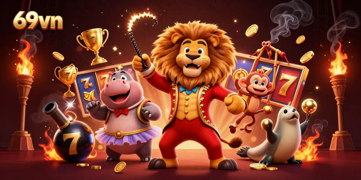 Experience thrilling wins with 69vn in this dynamic casino illustration featuring slots and characters.