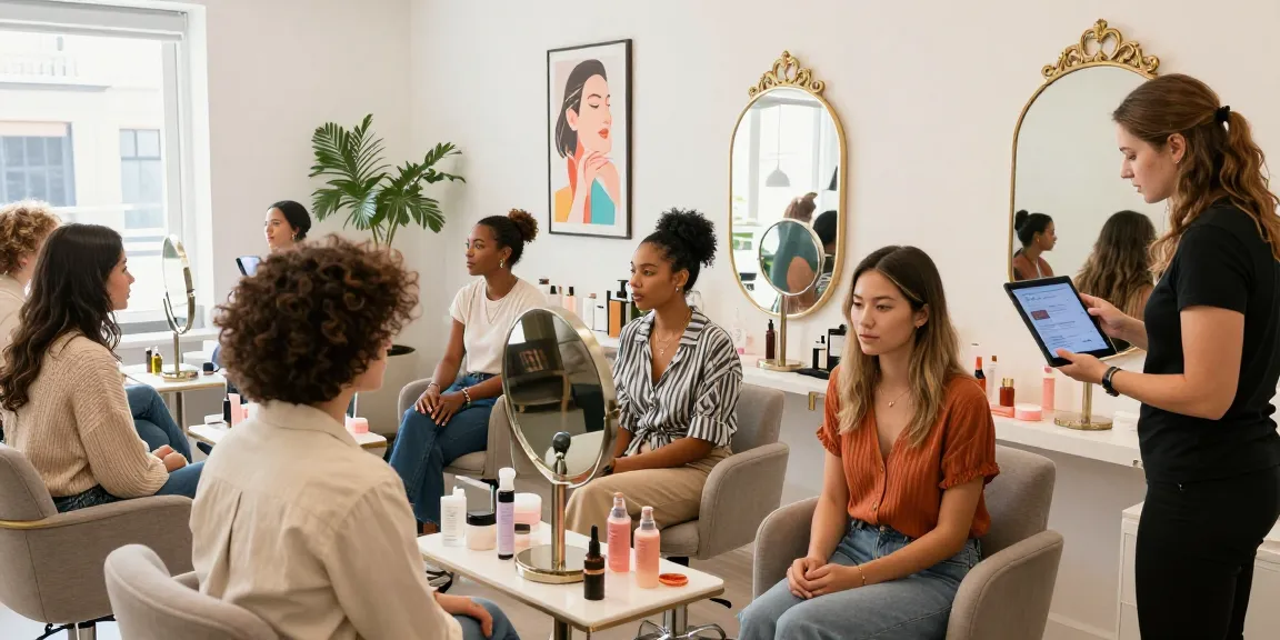 How old do I look? Beauty salon scene with diverse individuals analyzing their age using digital age estimation tools.