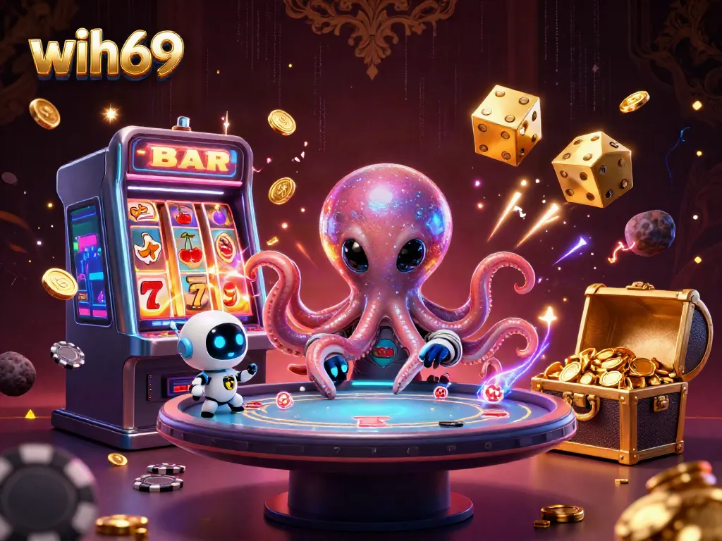 Permainan poker intergalaksi di wih69 dengan karakter alien dan chip asteroid.