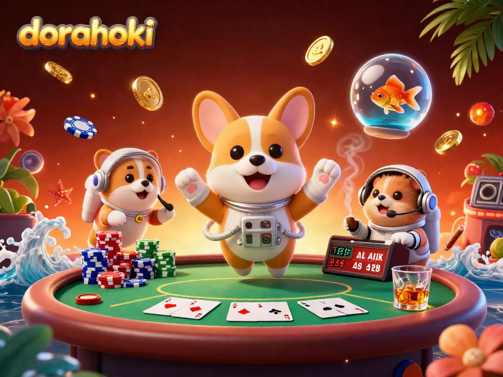 Bermain dorahoki di kasino luar angkasa dengan corgi, hamster, dan ikan dalam setting luar angkasa.