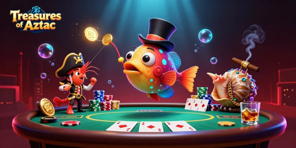Treasures of Aztec shines with vibrant characters attracting golden coins at a poker table