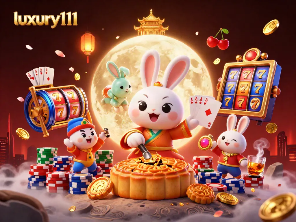 Experience luxury111 with an exciting scene of a moon rabbit revealing poker chips amidst vibrant slot elements.
