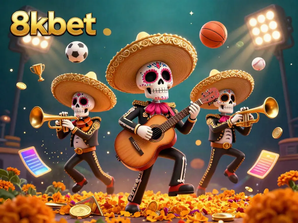 Engage with 8kbet in this vibrant 3D mariachi scene filled with dynamic gaming elements.